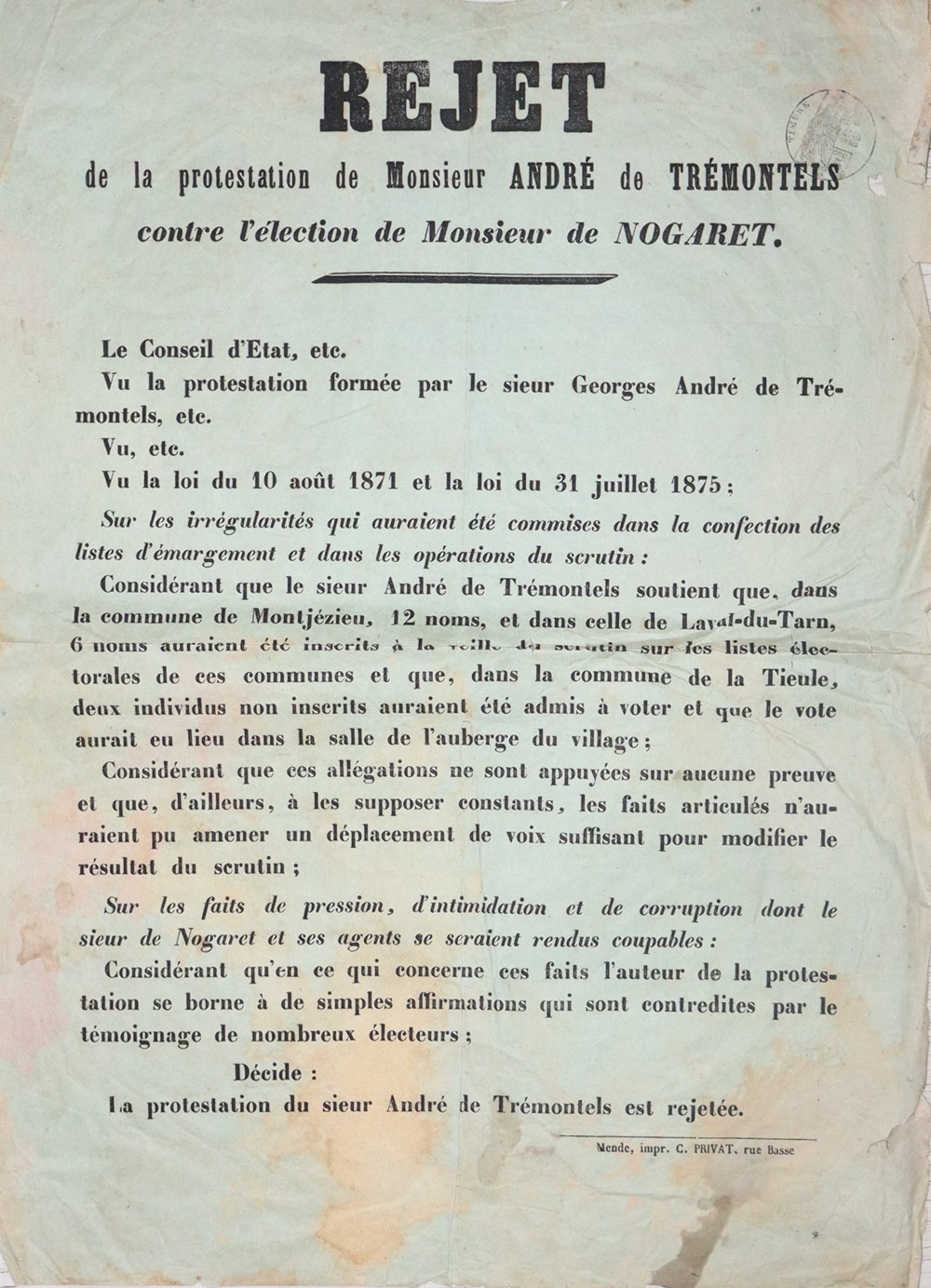 1890 (vers) - Elections, affiche de rejet de protestation documents anciens affiches politique 1890 vers elections affiche de rejet de protestation