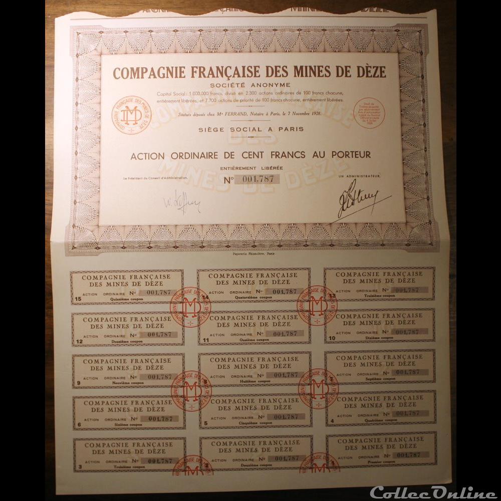 vieux papier action titre montre ancienne 1928 mines de deze