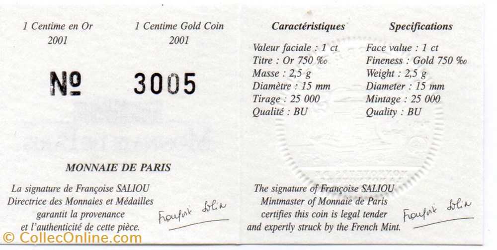 monnaies monde france 2001 1 centime or b u