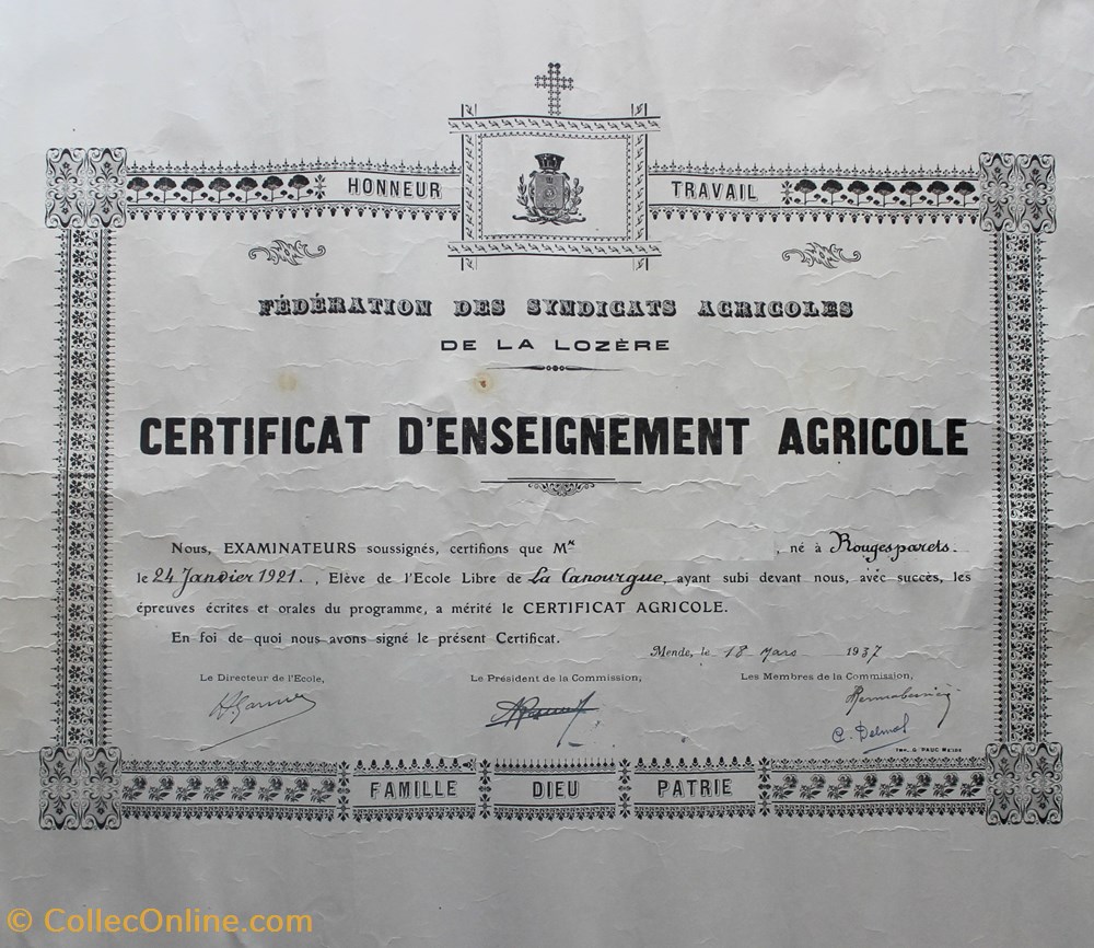 1937 - Certificat d'enseignement agricole documents anciens diplomes bulletins scolaires 1937 certificat enseignement agricole