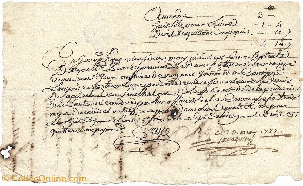 documents anciens autres 1772 consignation amende de procedure