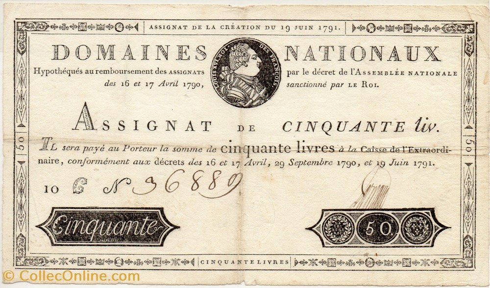 Assignat de 50 livres - 19 juin 1791 billets europe france assignat de 50 livres 19 juin 1791