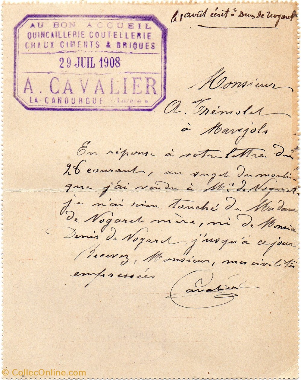 Cavalier A. (1908) documents anciens factures commerciaux cavalier a 1908