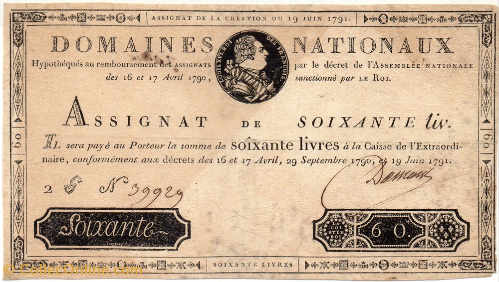 Assignat de 60 livres - 19 juin 1791 billets europe france assignat de 60 livres 19 juin 1791
