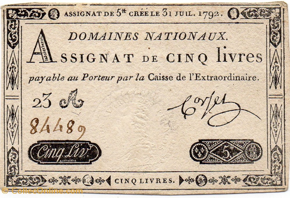 Assignat de 5 livres - 31 juillet 1792 billets europe france assignat de 5 livres 31 juillet 1792