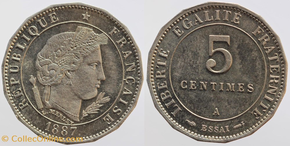 1887 - Troisième République - Essai de la 5 centimes de Merley monnaies monde france 1887 troisieme republique essai de la 5 centimes de merley