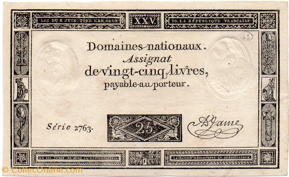 Assignat de 25 livres - 6 juin 1793 billets europe france assignat de 25 livres 6 juin 1793