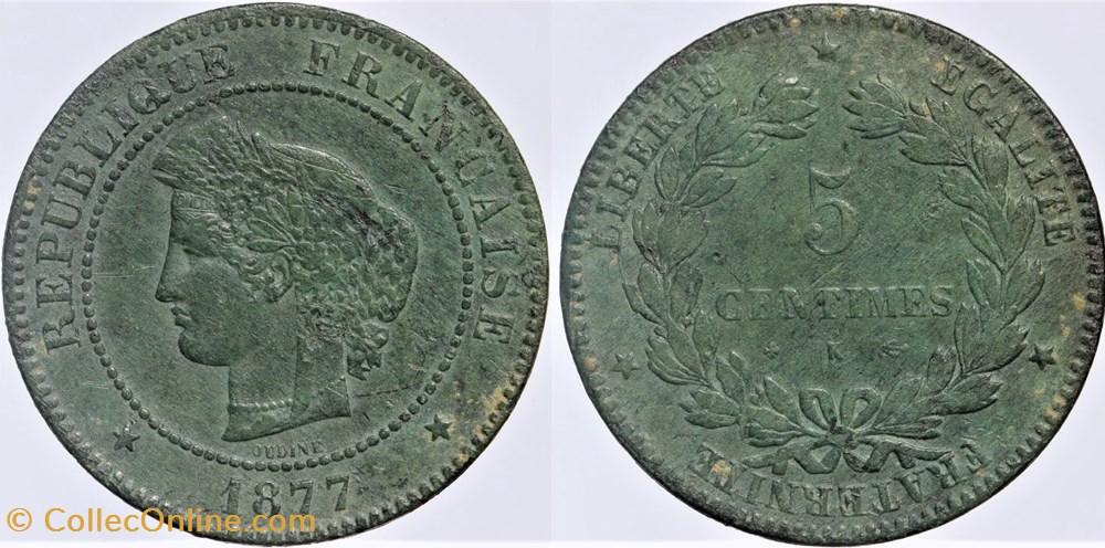 F-118 - Troisième République - Cérès - 5 c. - 1877 K monnaies monde france f 118 troisieme republique ceres 5 c 1877 k