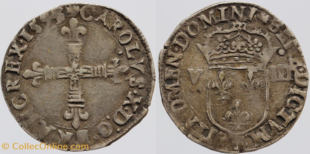 Dy 1178 - Charles X - Huitième d'écu - 1593, Nantes monnaies europe medievale france royales dy 1178 charles x huitieme ecu 1593 nantes