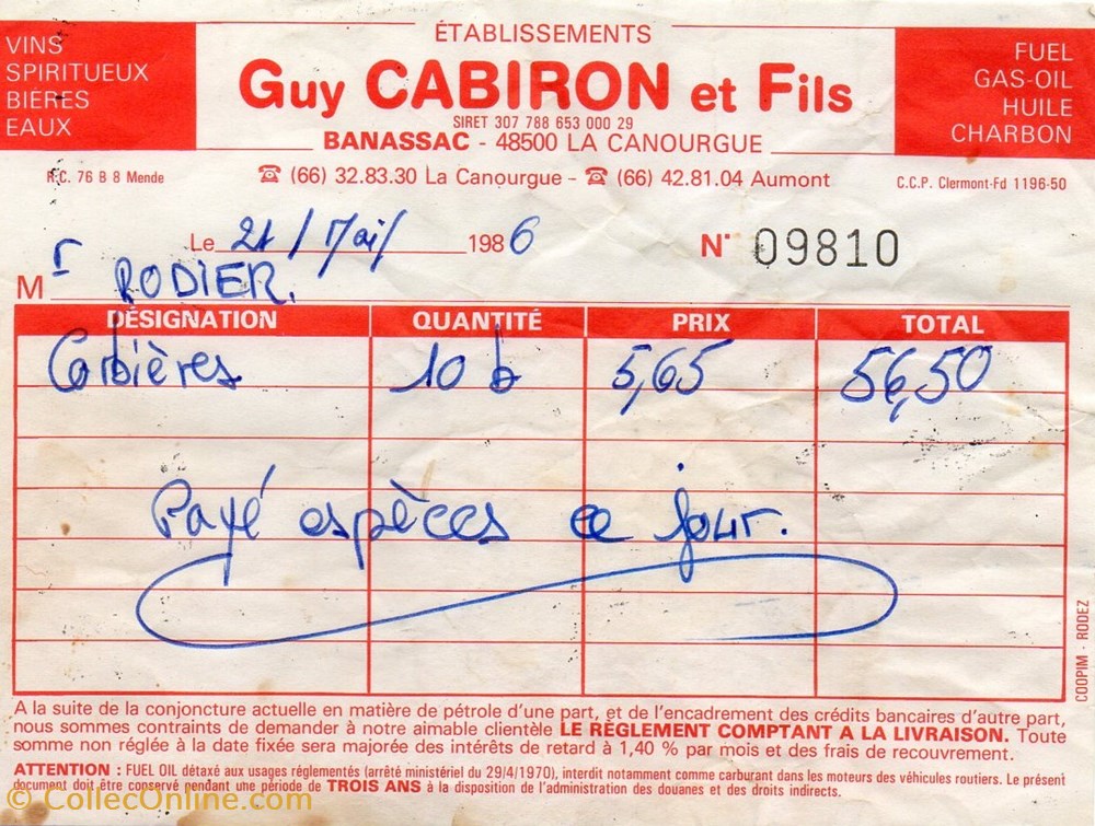 Cabiron Guy et Fils (1986) documents anciens factures commerciaux cabiron guy et fils 1986