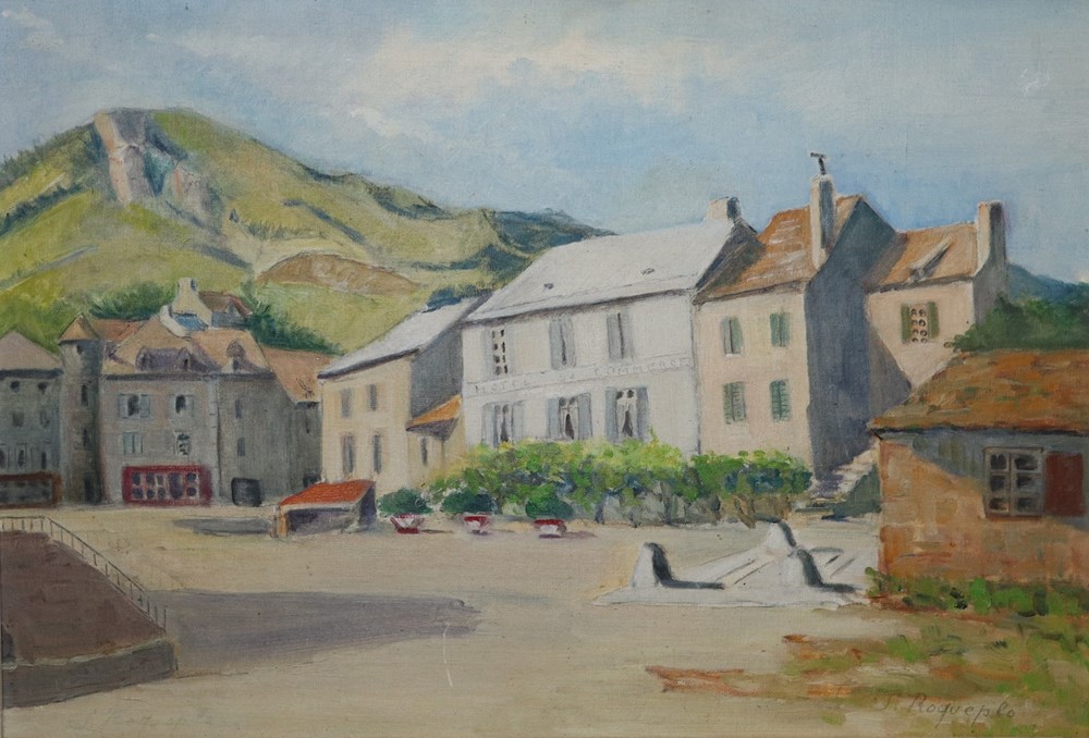 Tableau - Place de l'Ayre, la Canourgue, Lozère. art antiquites peintures dessins tableau place de ayre la canourgue lozere