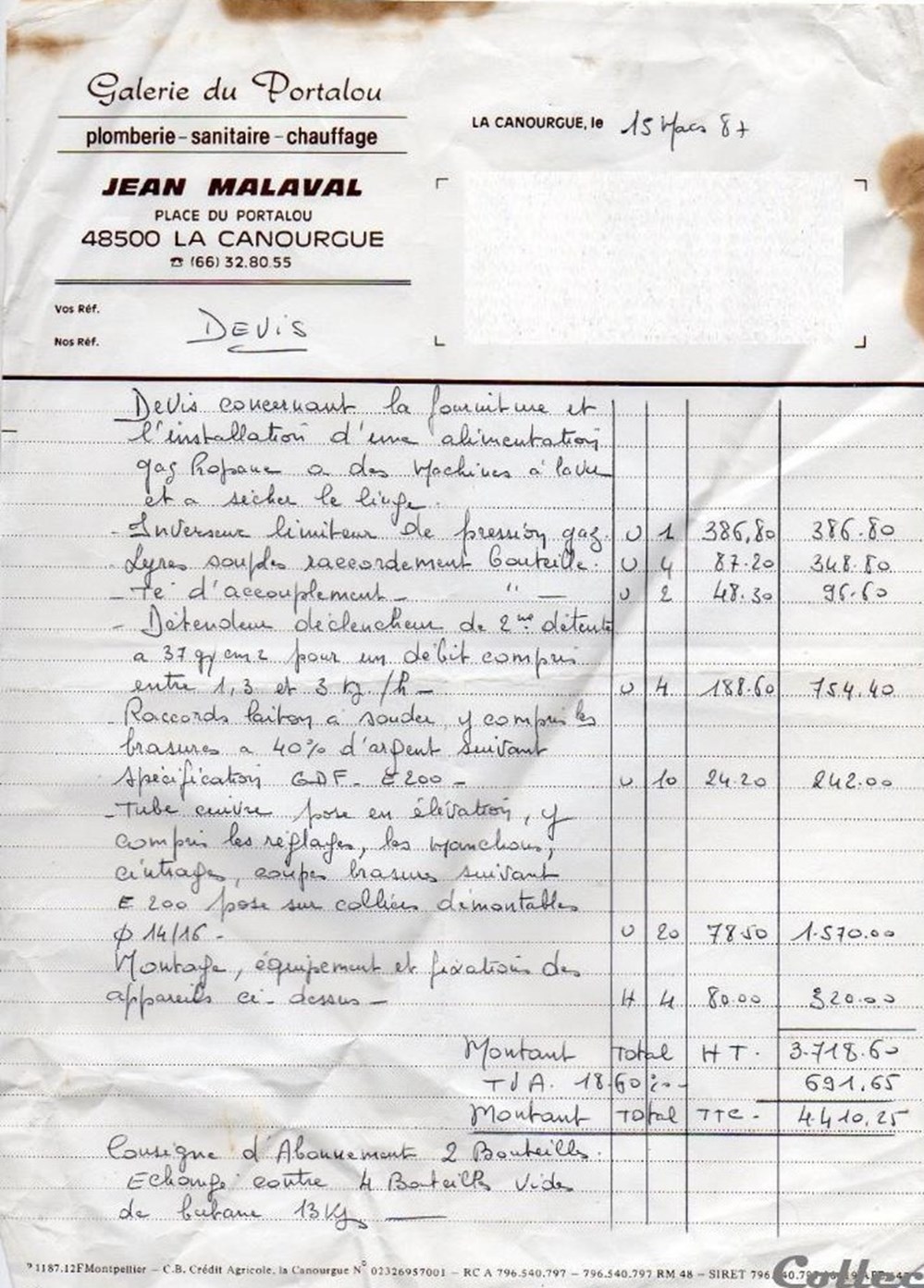 Malaval Jean (1987) documents anciens factures commerciaux malaval jean 1987
