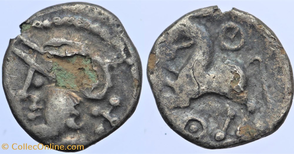 Eduens - Quinaire à la tête casquée monnaies antiques av jc ap celtes eduens quinaire a la tete casquee