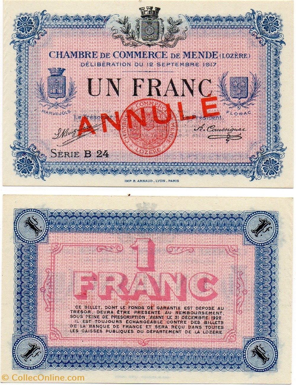 billets europe france 1 franc c c m serie b24 annule