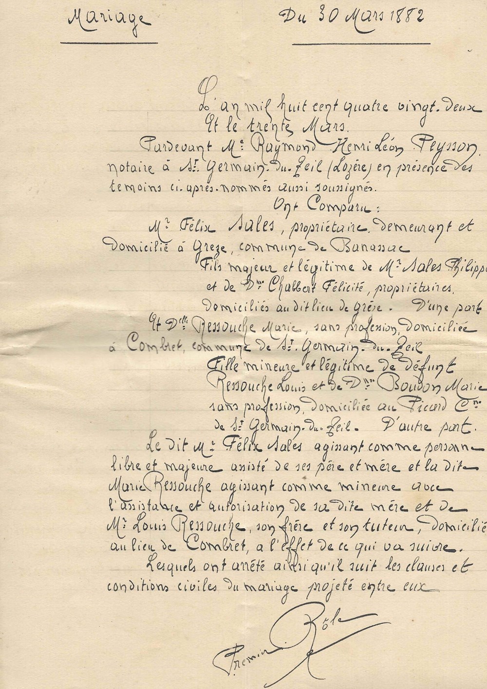 1882 - Mariage, St Germain du Teil documents anciens autres 1882 mariage st germain du teil