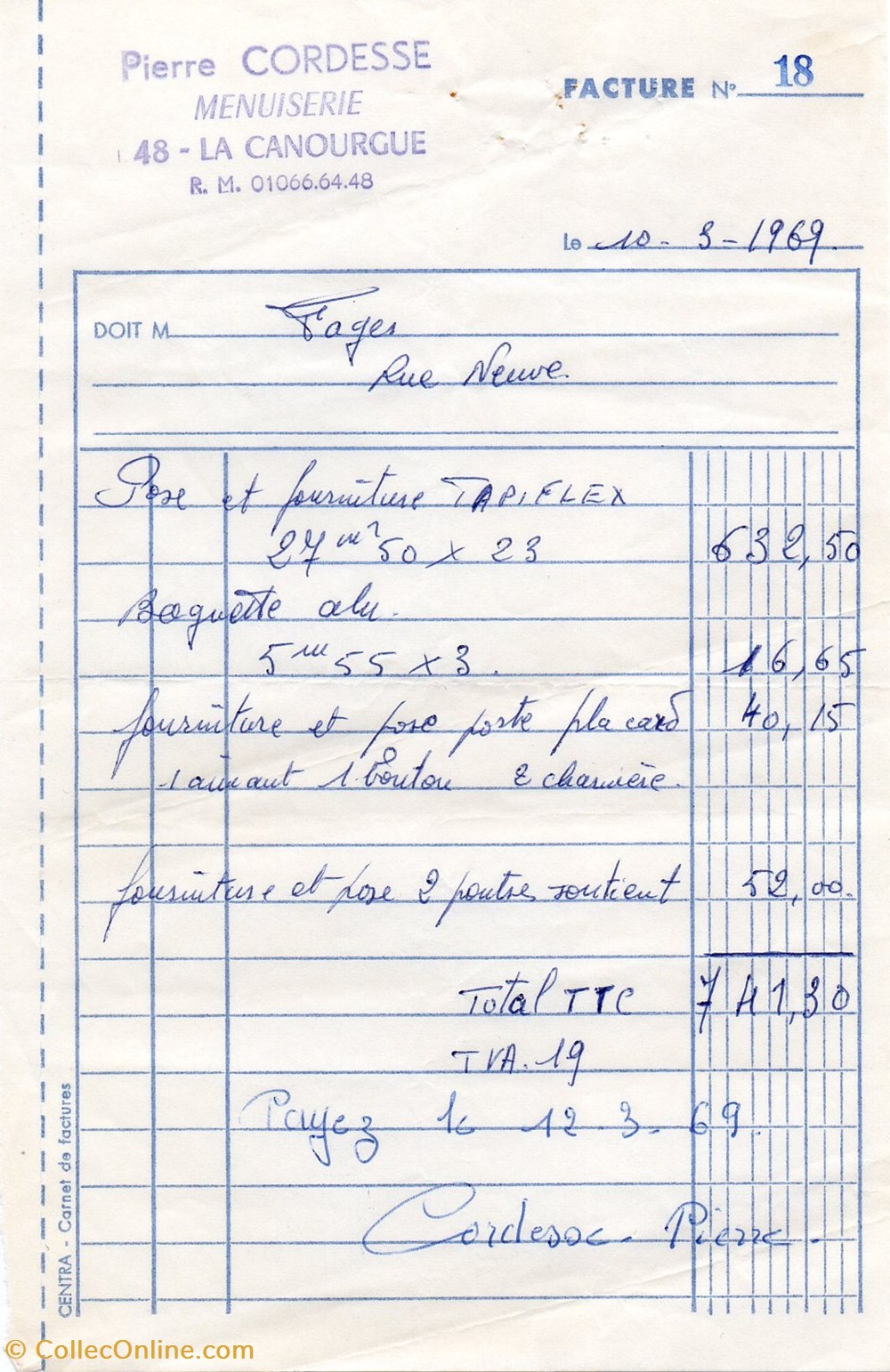 Cordesse Pierre (1969) documents anciens factures commerciaux cordesse pierre 1969