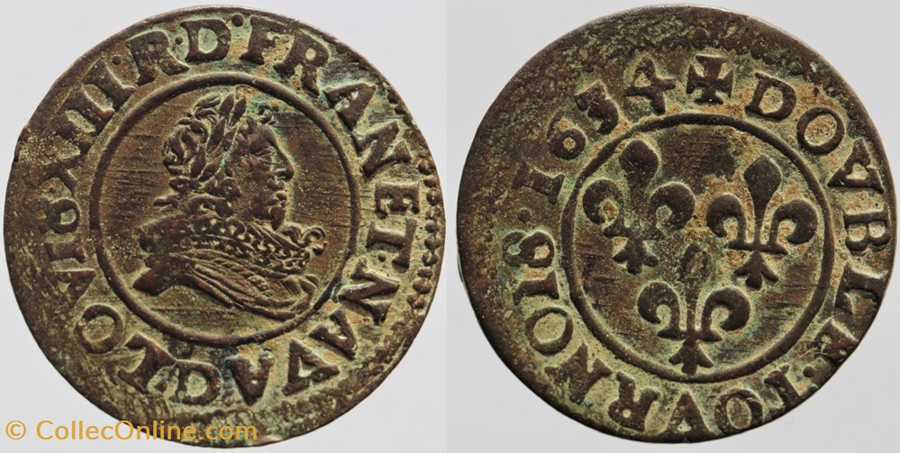 Dy 1366 - Louis XIII - Double tournois - 1634, Lyon monnaies europe medievale a france royales dy 1366 louis xiii double tournois 1634 lyon