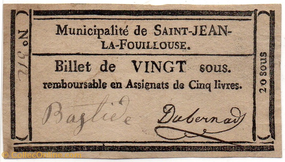 Billet de Confiance - St-JEAN-LA-FOUILLOUSE (Lozère) - 20 sous billets europe france billet de confiance st jean la fouillouse lozere 20 sous