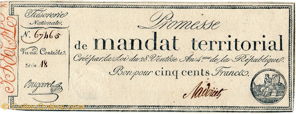 Mandat territorial de 500 francs - 28 ventôse AN IV billets europe france mandat territorial de 500 francs 28 ventose an iv