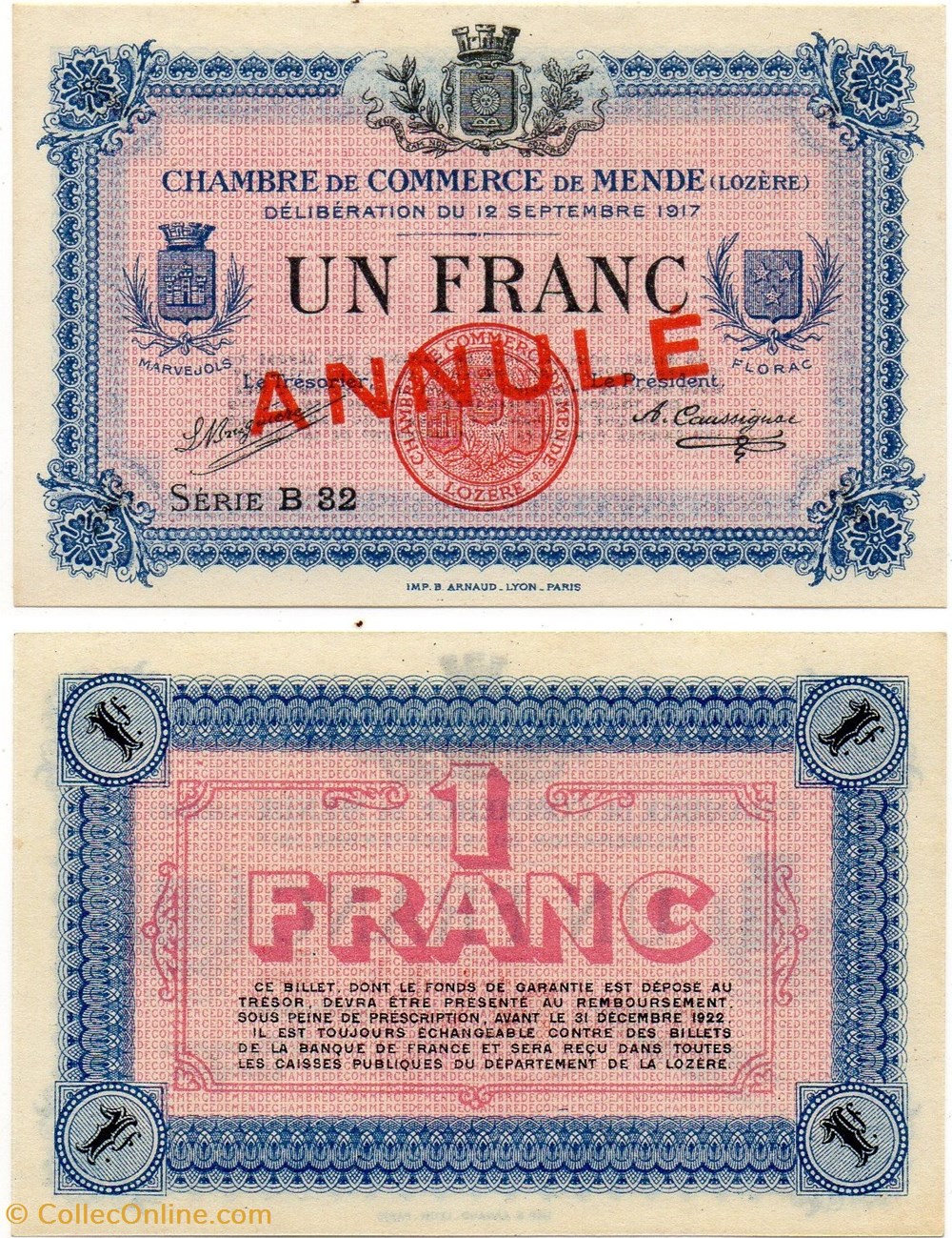 billets europe france 1 franc c c m serie b32 annule
