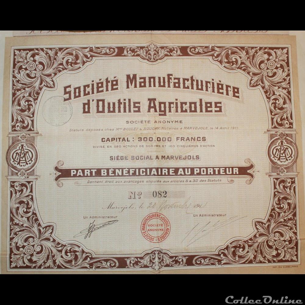 1911 - Marvejols vieux papier action titre montre ancienne 1911 marvejols