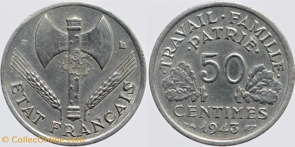 F-196 - Bazor - 50 c. - 1943 B monnaies monde france f 196 bazor 50 c 1943 b