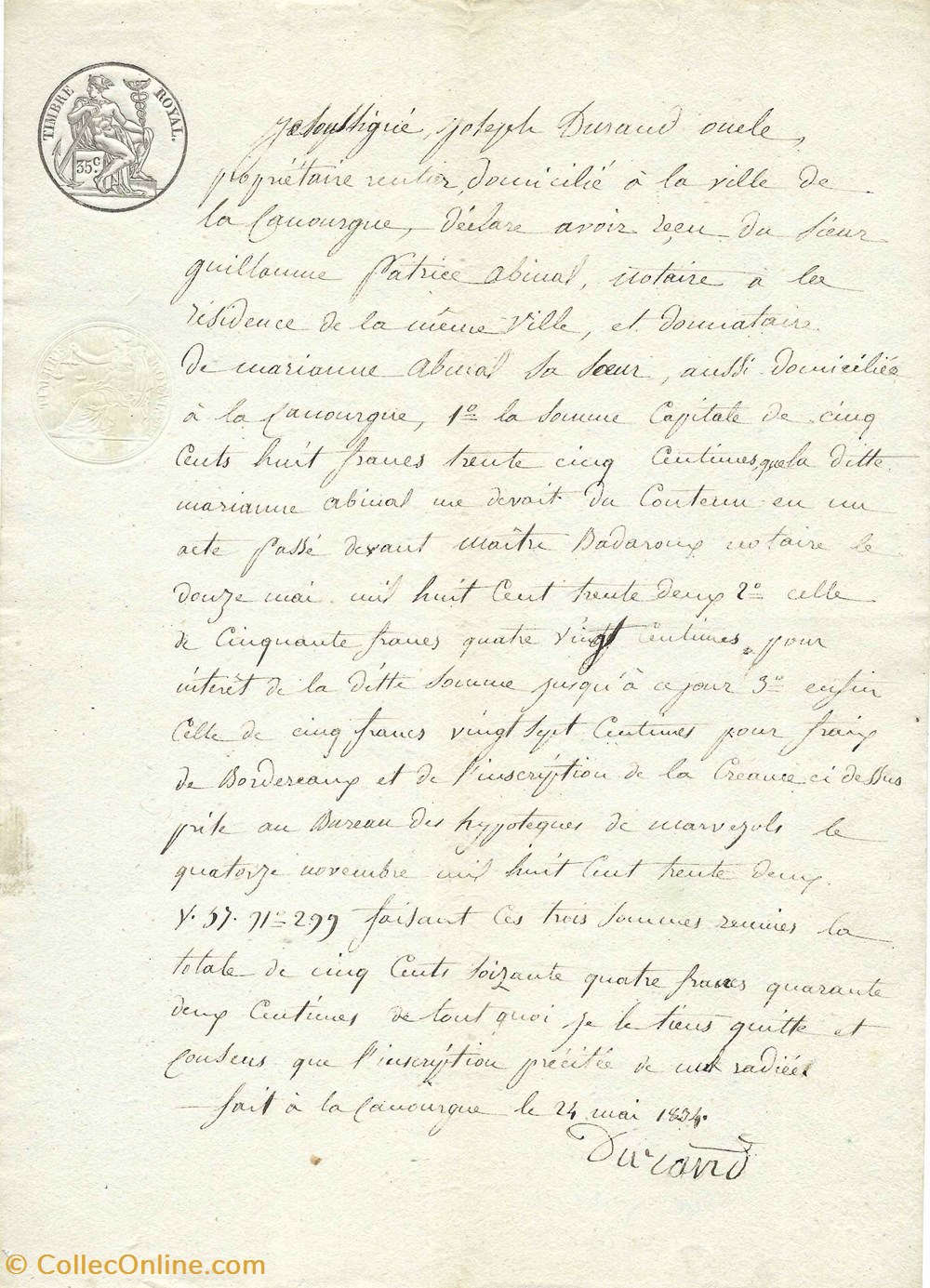 1834 - Reçu documents anciens autres 1834 recu