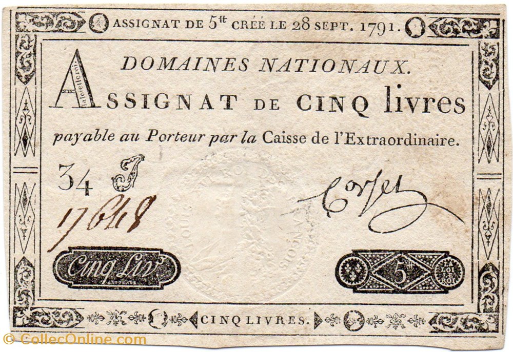 Assignat - 5 livres - 28 septembre 1791 billets europe france assignat 5 livres 28 septembre 1791