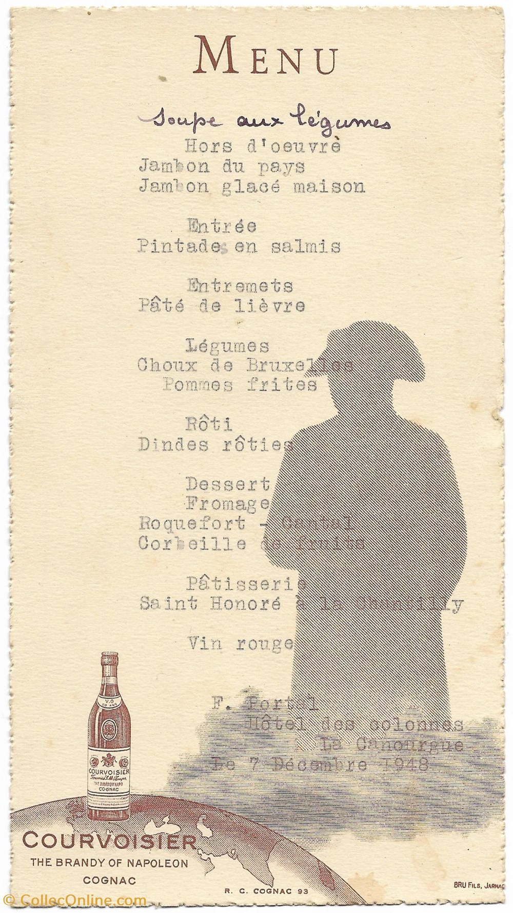 1948 - Menu du 7 décembre, Hotel des Colonnes documents anciens menus 1948 menu du 7 decembre hotel des colonnes