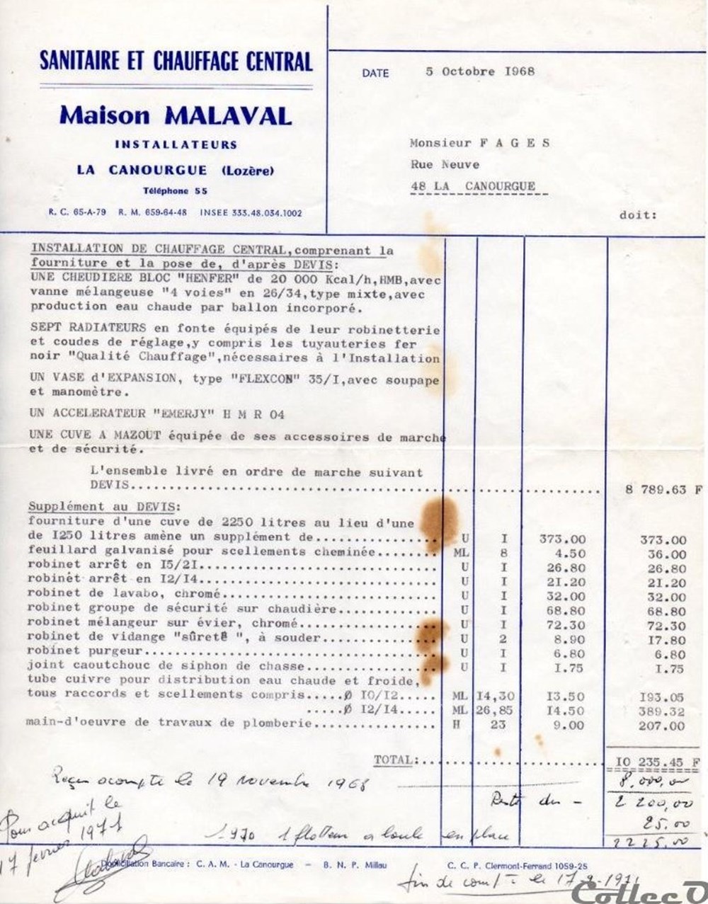 Malaval (1968) documents anciens factures commerciaux malaval 1968