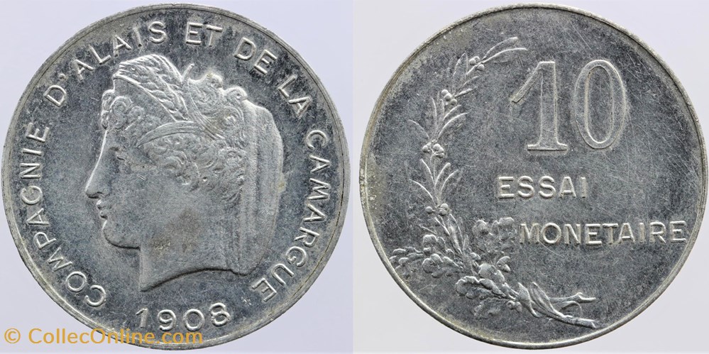 1908 - ESSAI - 10 c. Compagnie d'Alais et de la Camargue. monnaies monde france 1908 essai 10 c compagnie alais et de la camargue