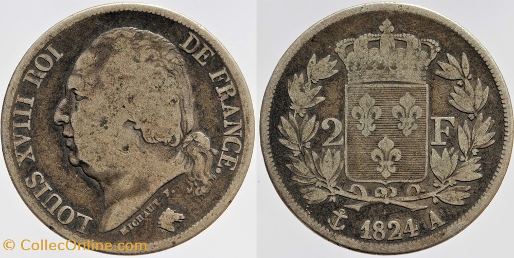 F-257 - Louis XVIII - 2 francs - 1824 Paris monnaies monde france f 257 louis xviii 2 francs 1824 paris