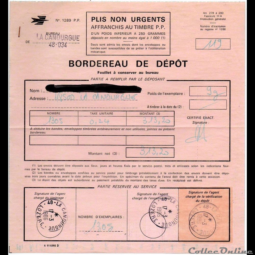 1986 - Type A9, 48 - La Canourgue sur bordereau de dépôt marque postale europe france 1986 type a9 48 la canourgue sur bordereau de depot