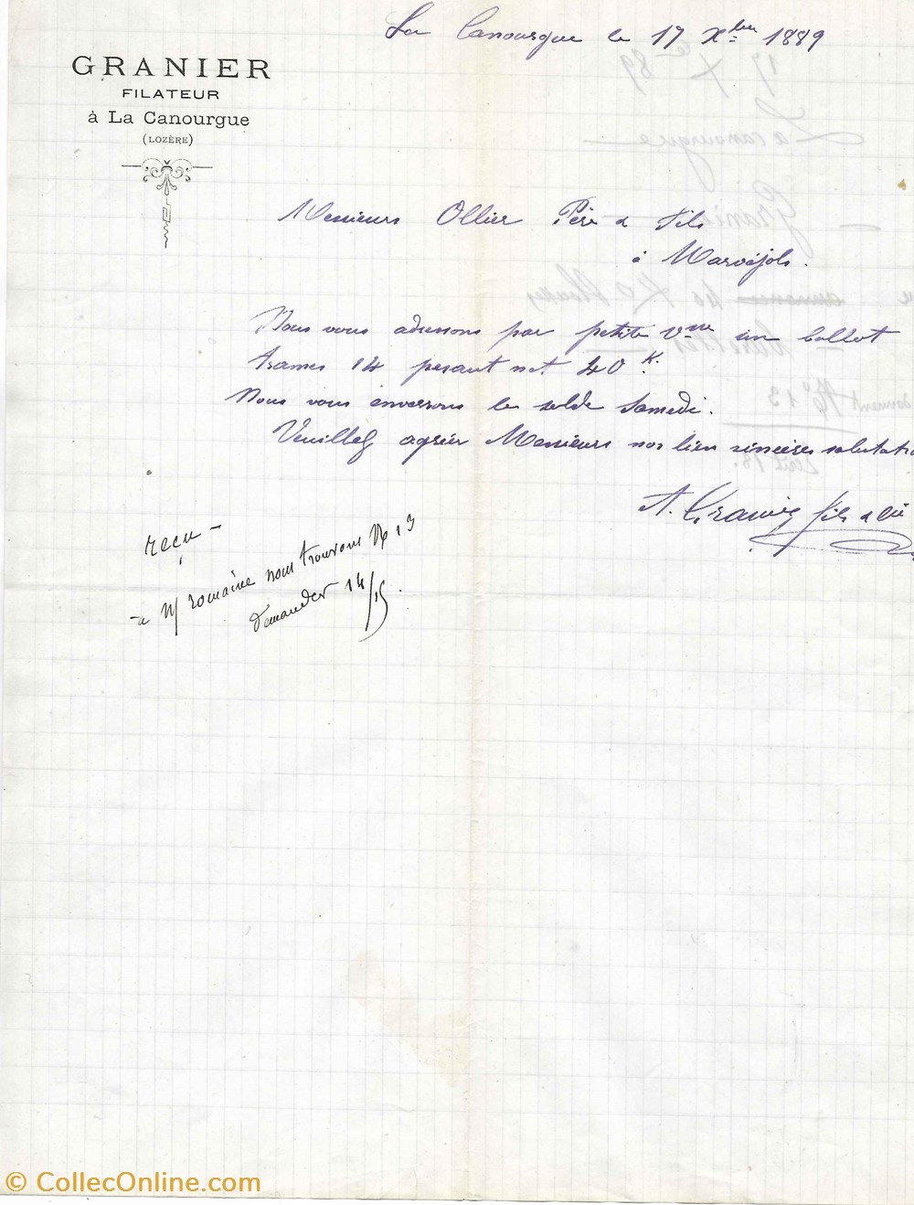 Granier A.(1889) vieux papiers factures documents commerciaux granier a 1889