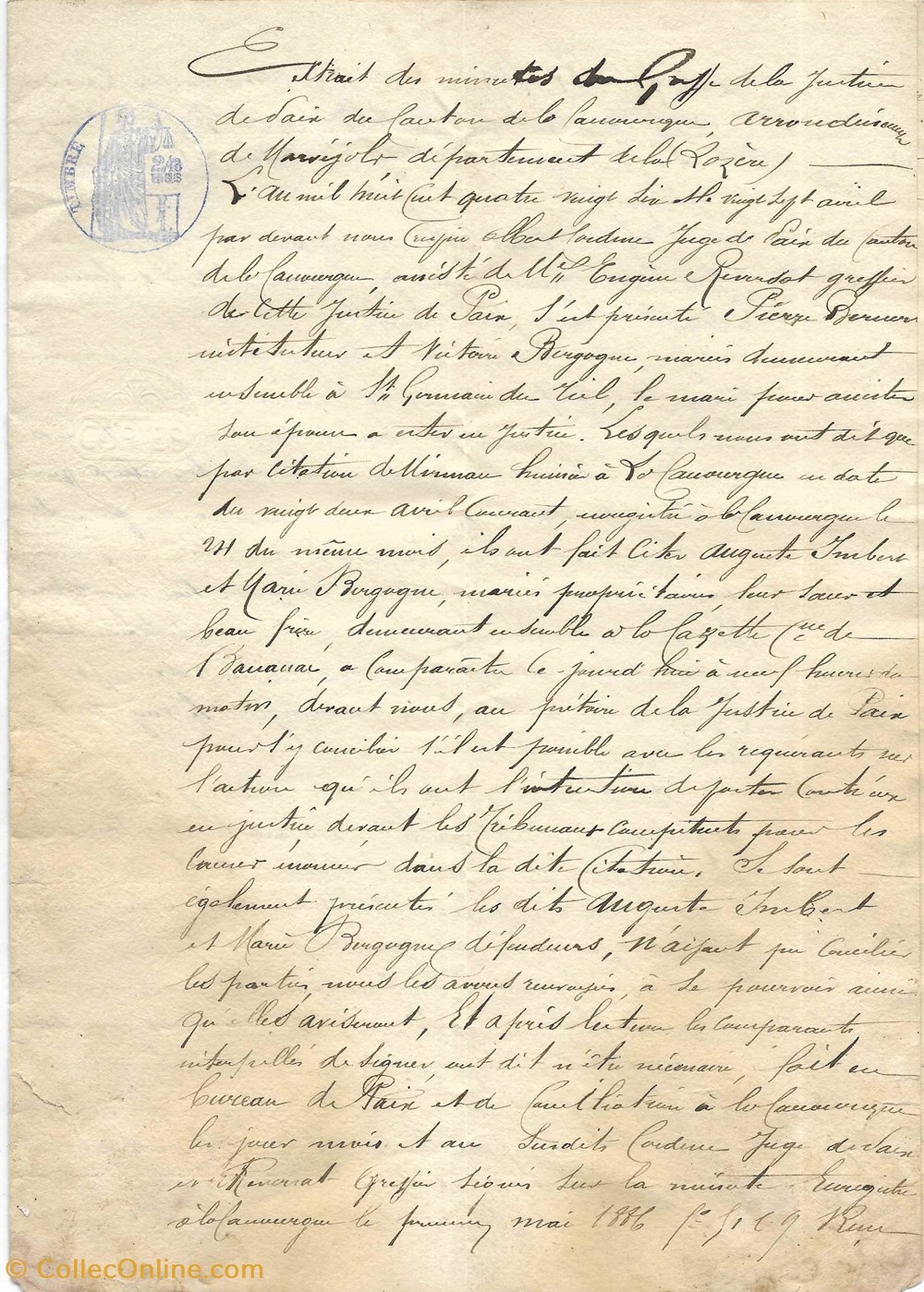 1890 - Extrait des minutes des greffes, la Canourgue documents anciens autres 1890 extrait des minutes des greffes la canourgue