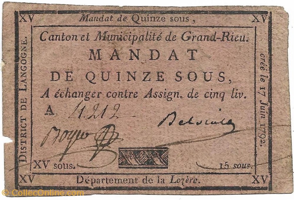 billets europe france billet de confiance grandrieu lozere 15 sous