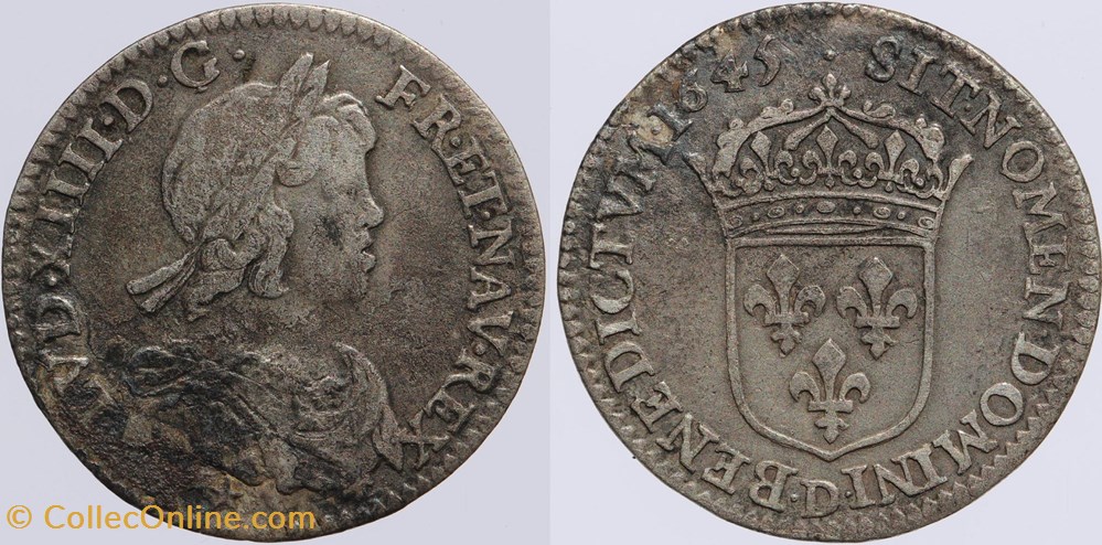 Dy 1464 - Louis XIV - 1/12 d'écu - 1645, Lyon monnaies europe medievale a france royales dy 1464 louis xiv 1 12 ecu 1645 lyon