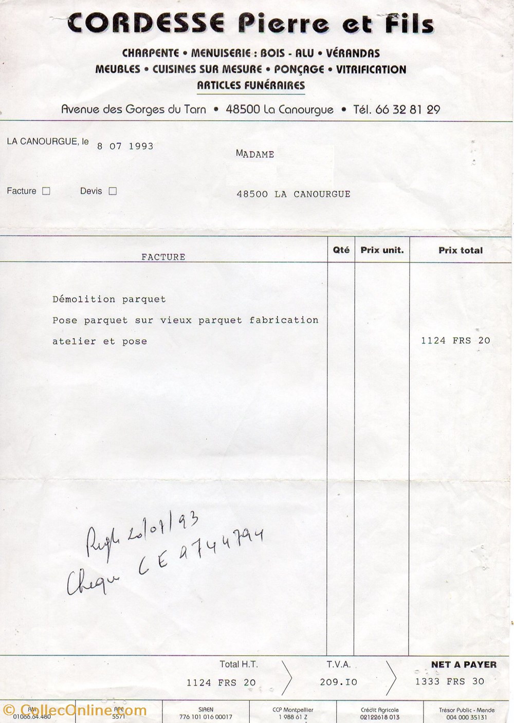 Cordesse Pierre & Fils (1993) documents anciens factures commerciaux cordesse pierre fils 1993