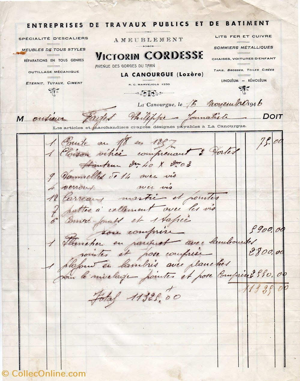 Cordesse Victorin (1946) documents anciens factures commerciaux cordesse victorin 1946