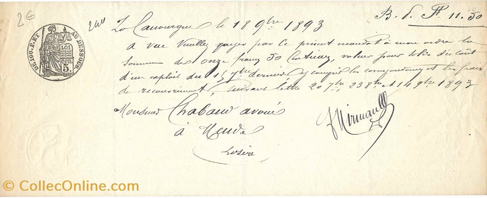 1893 - Billet à ordre de 11, 50 francs documents anciens autres 1893 billet a ordre de 11 50 francs