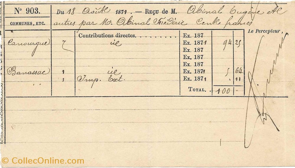 1871 - Reçu documents anciens autres 1871 recu