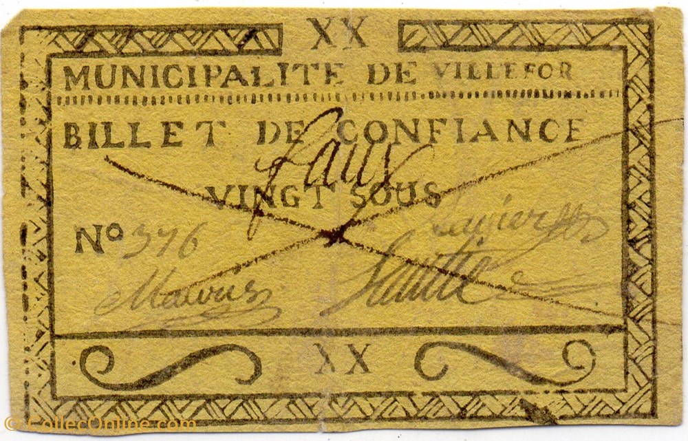 Billet de Confiance - VILLEFORT (Lozère) - 20 sous billets europe france billet de confiance villefort lozere 20 sous