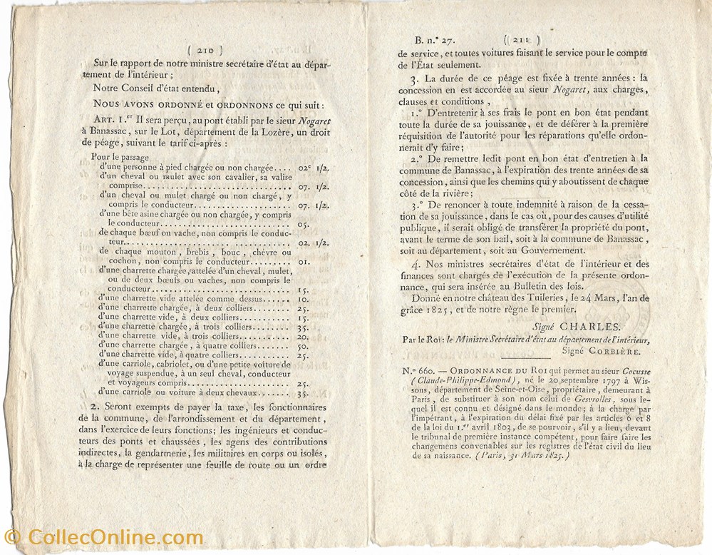 1825 - Tarifs droit de péage sur le Lot à Banassac 3 documents anciens autres 1825 tarifs droit de peage sur le lot a banassac