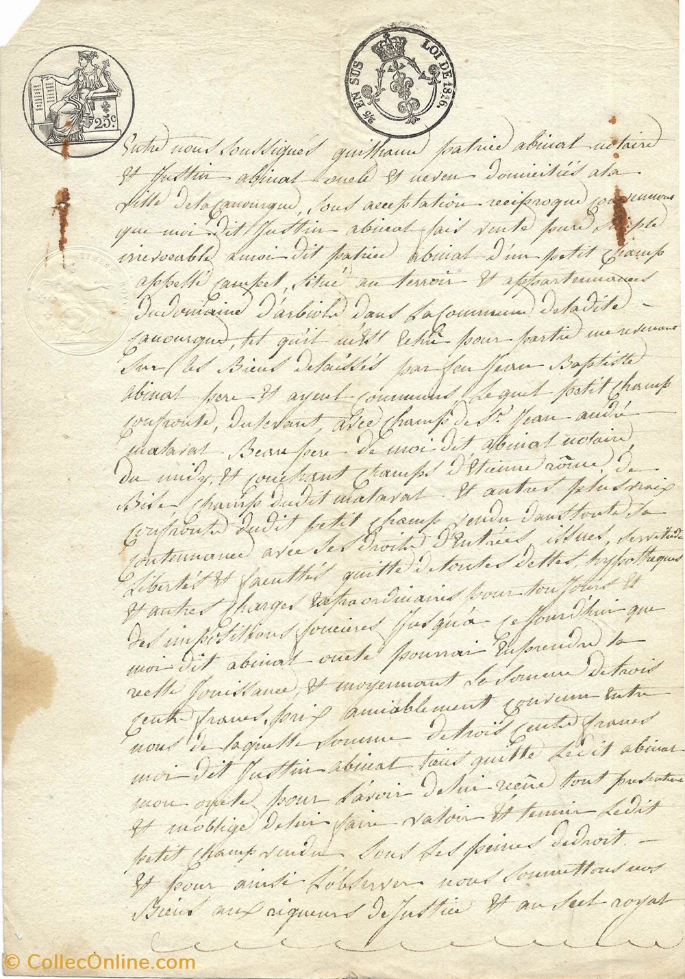 documents anciens autres 1819 vente un petit champ