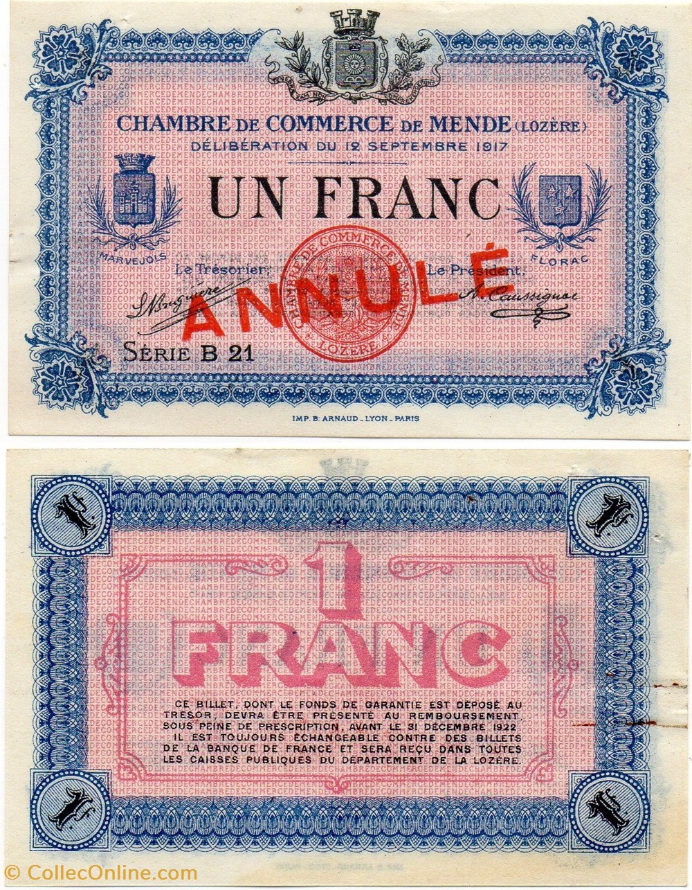 1 franc C.C.M. - Série B21 annulé billets europe france 1 franc c c m serie b21 annule