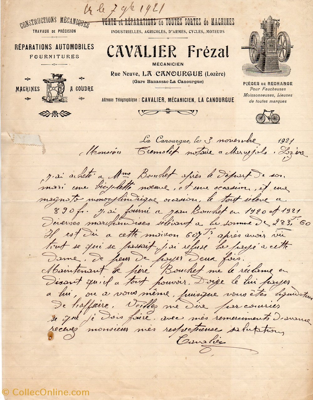 Cavalier Frézal (1921) documents anciens factures commerciaux cavalier frezal 1921