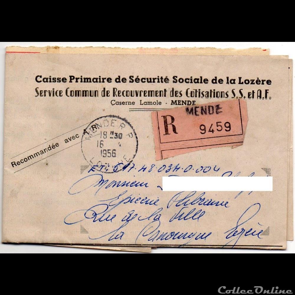 1956 - Cachets type A7 sur recommandé de Mende marque postale europe france 1956 cachets type a7 sur recommande de mende