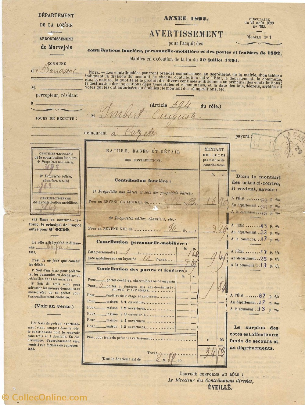 documents anciens marques postales europe 1892 cachets type a1 et port paye