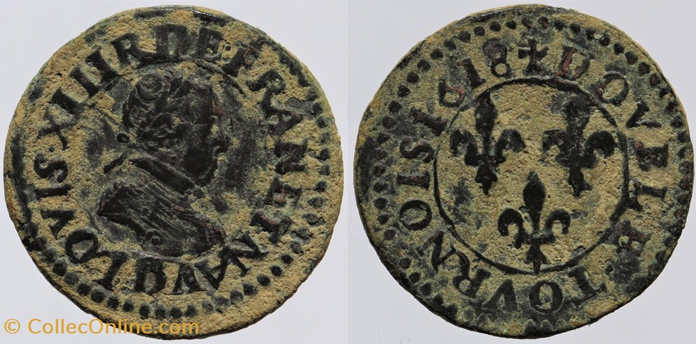 Dy 1362 - Louis XIII - Double tournois - 1618, Lyon monnaies europe medievale a france royales dy 1362 louis xiii double tournois 1618 lyon