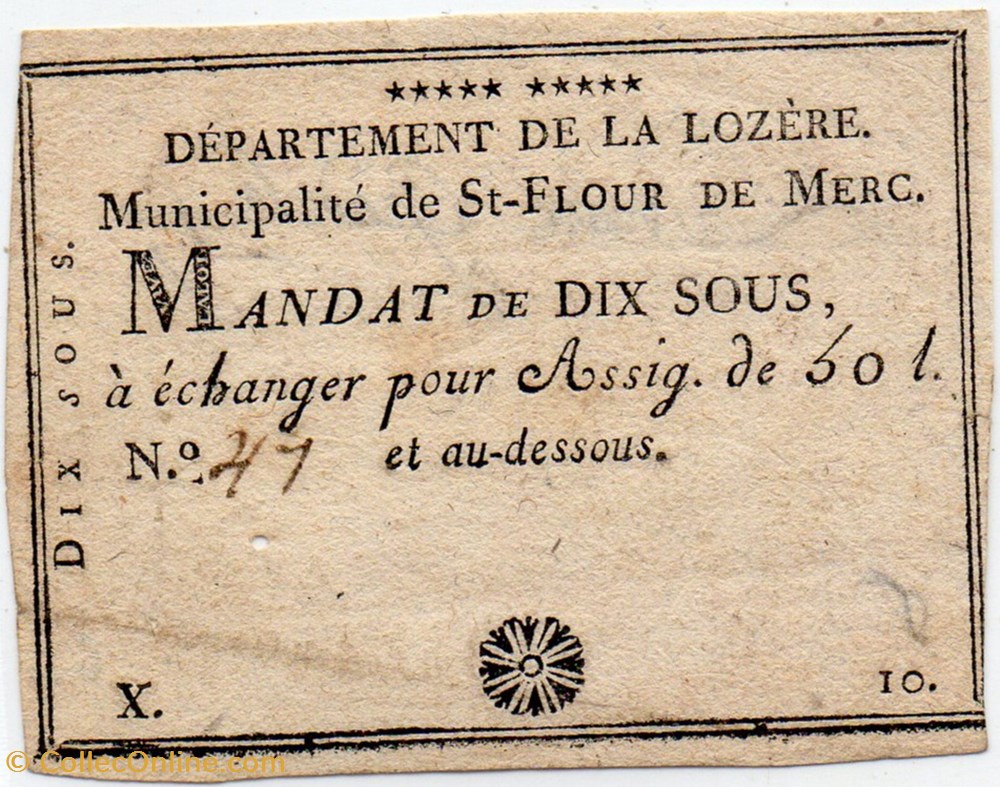 Billet de Confiance - St-FLOUR de MERCOIRE (Lozère) - 10 sous billets europe france billet de confiance st flour de mercoire lozere 10 sous